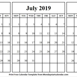 Calendar June July August 2019 Monday Start 3 Month Calendar