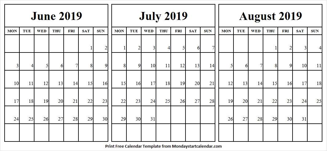 Calendar June July August 2019 Monday Start 3 Month Calendar