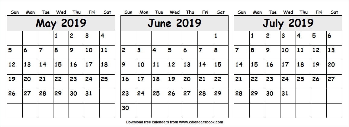 Calendar May June July 2019 Template Cute Month Calendar