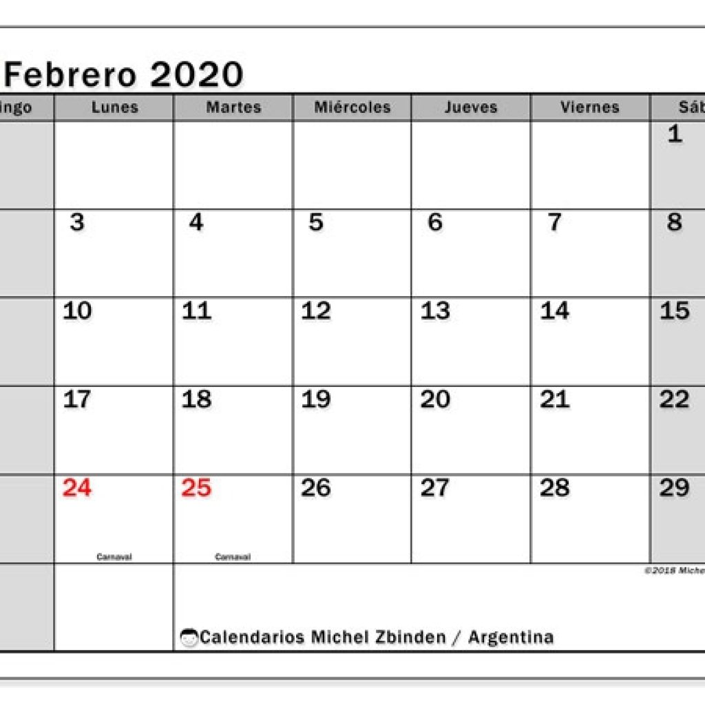 Calendario Febrero 2020 Argentina Michel Zbinden Es