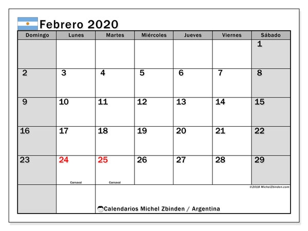 Calendario Febrero 2020 Argentina Michel Zbinden Es