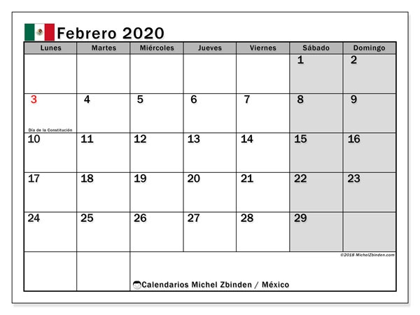 Calendario Febrero 2020 Mxico Michel Zbinden Es