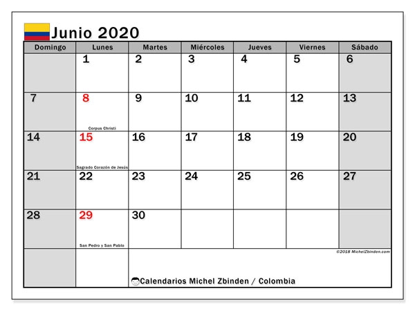 Calendario Junio 2020 Colombia Michel Zbinden Es