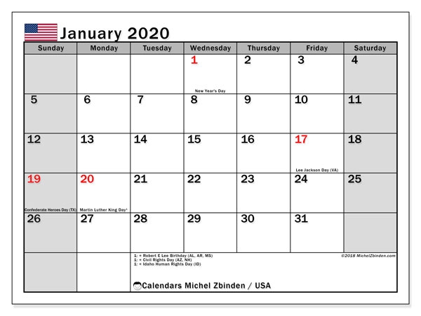 Calendars January 2020 Public Holidays Usa Michel Zbinden En