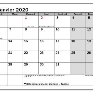 Calendrier Janvier 2020 Suisse Michel Zbinden Fr