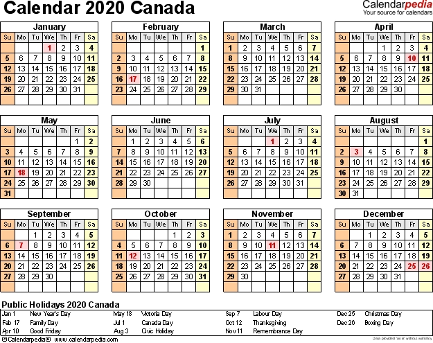 Canada Calendar 2020 Free Printable Pdf Templates