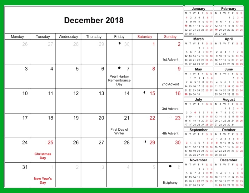 December 2018 Calendar With Holidays Hindu Tamil Telugu Kannada