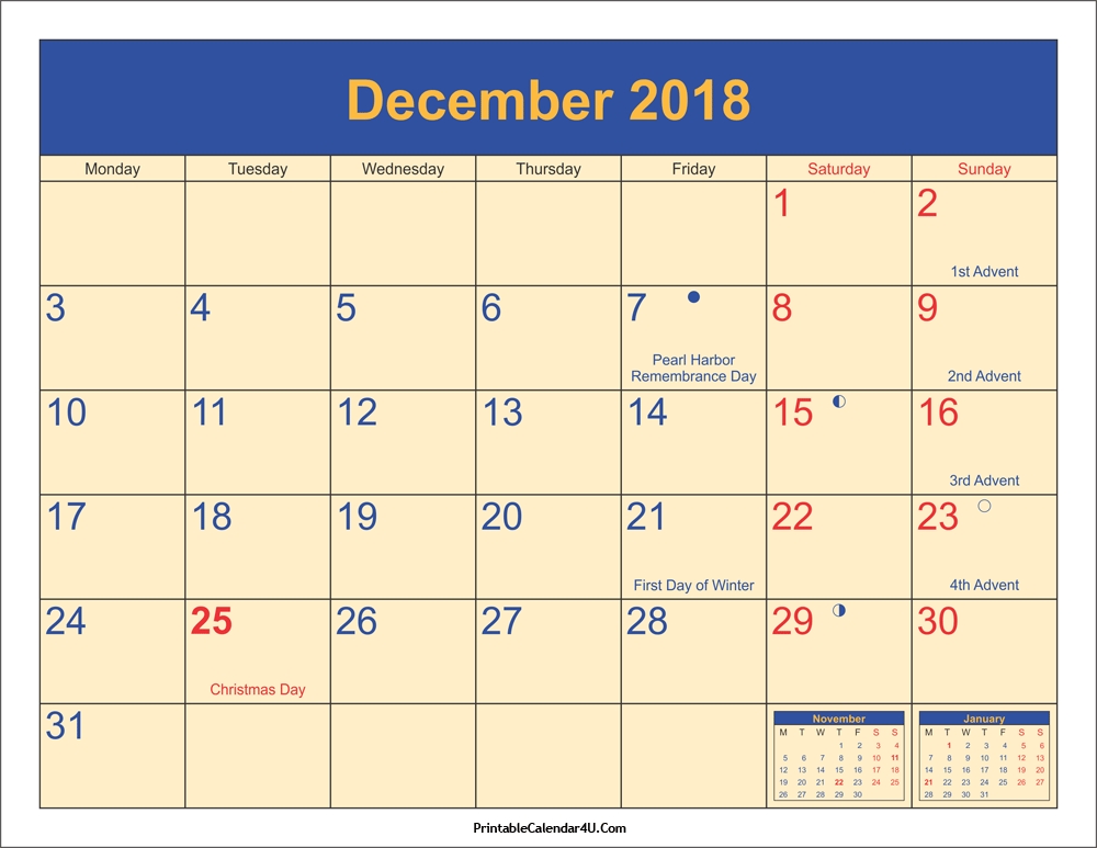 December 2018 Calendar With Holidays Printable Calendar Usa Uk