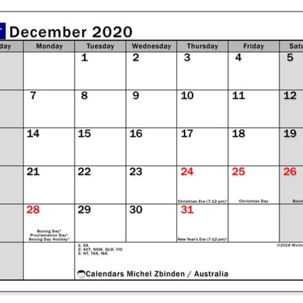 December 2020 Calendar Australia Michel Zbinden En