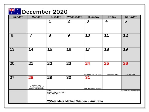 December 2020 Calendar Australia Michel Zbinden En