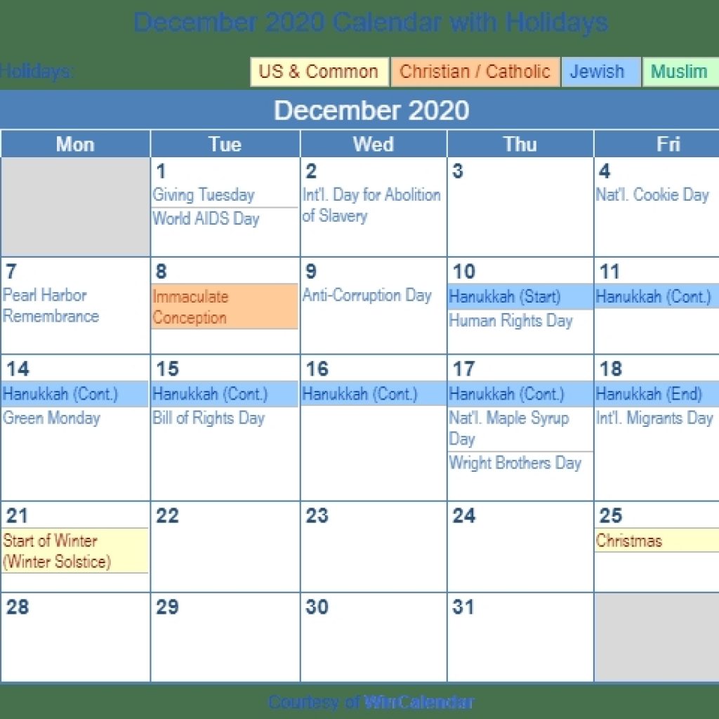 December 2020 Calendar With Holidays United States