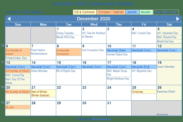 December 2020 Calendar With Holidays United States