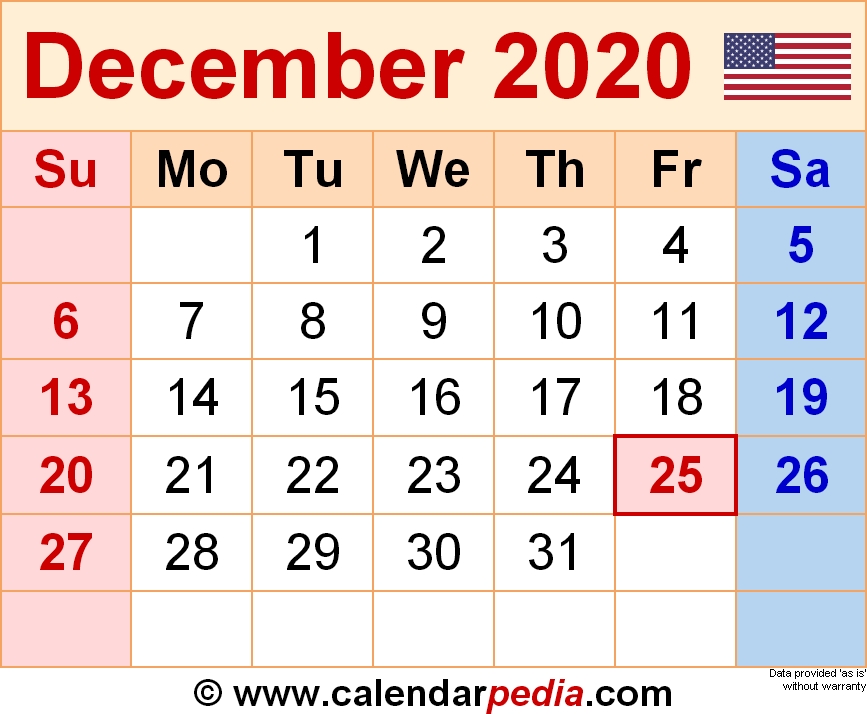 December 2020 Calendars For Word Excel Pdf