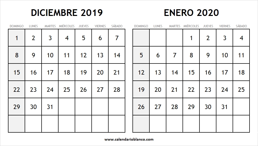 Diciembre 2019 Enero 2020 Calendario Calendario En Blanco