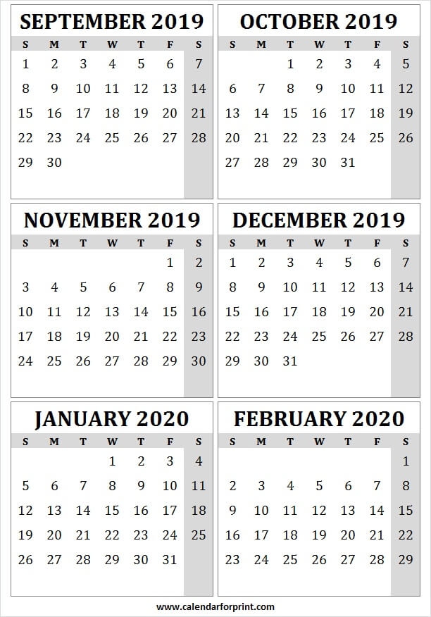 Download 6 Month September 2019 February 2020 Calendar Templates