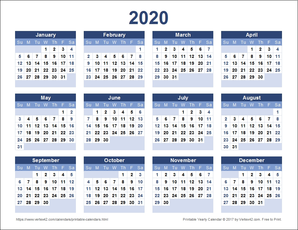 Download A Free Printable 2020 Yearly Calendar From Vertex42