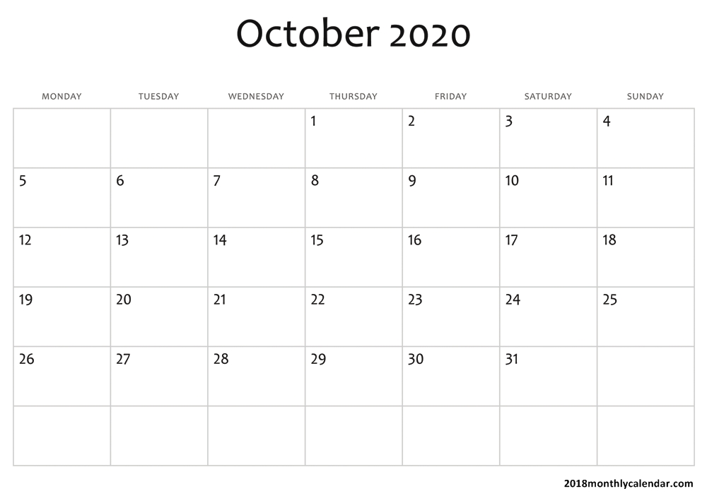 Download October 2020 Calendar Blank Editable