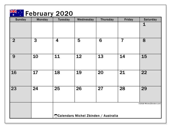 February 2020 Calendar Australia Michel Zbinden En