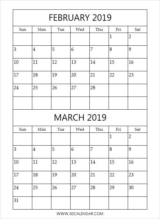 February March 2019 Calendar Template Printable Monthly Calendar