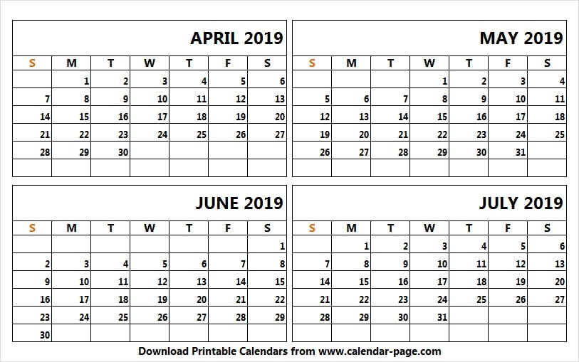 Four Month Calendar April To July 2019 Blank 4 Month Calendar