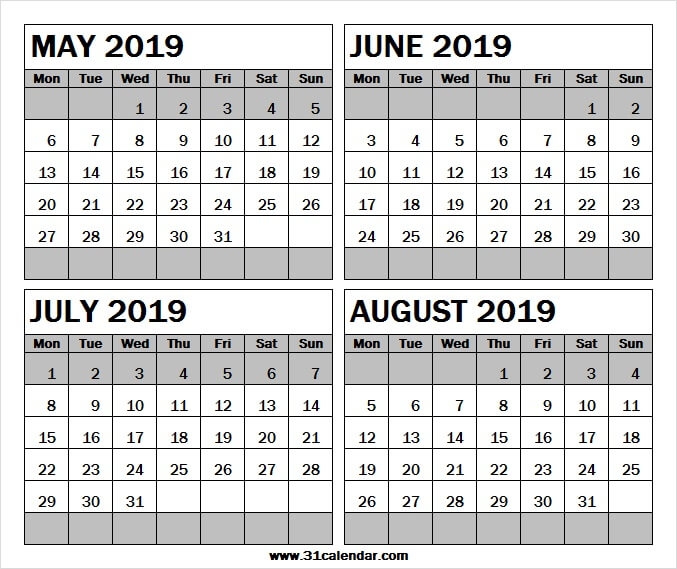 Four Month Calendar May To August 2019 4 Month Calendar Template