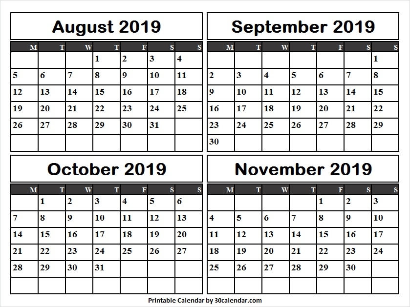 Free August To November 2019 Calendar Four Month Calendar