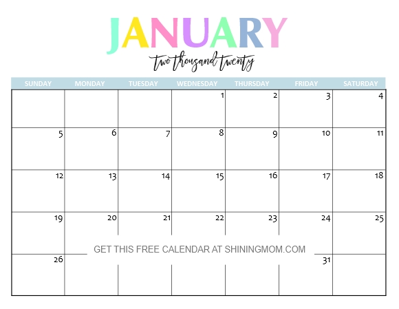 Free Printable 2020 Calendar So Beautiful Colorful