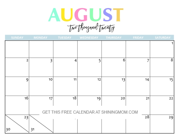 Free Printable 2020 Calendar So Beautiful Colorful