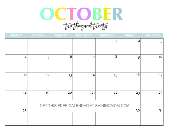 Free Printable 2020 Calendar So Beautiful Colorful