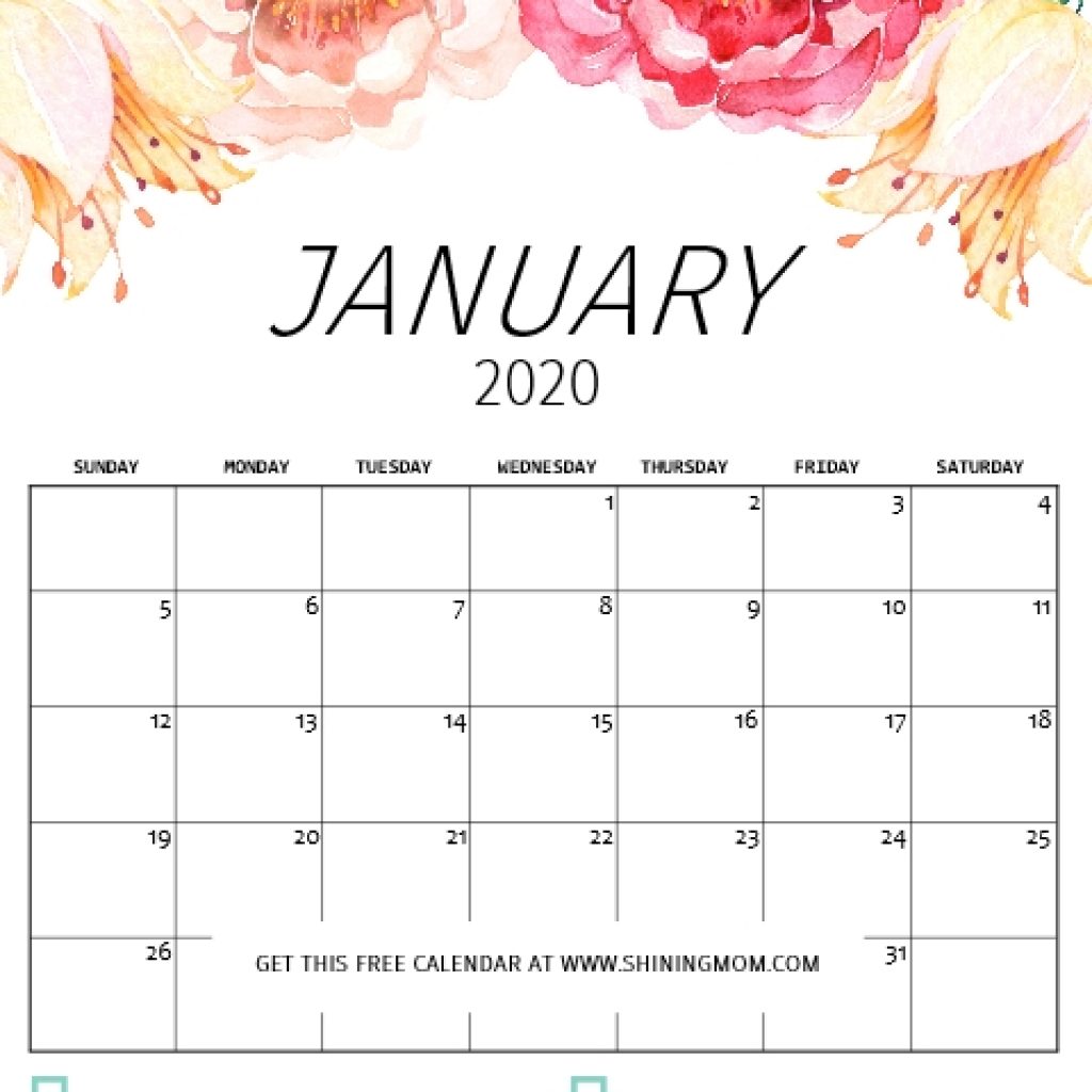 Free Printable Calendar 2020 In Pretty Florals With Notes