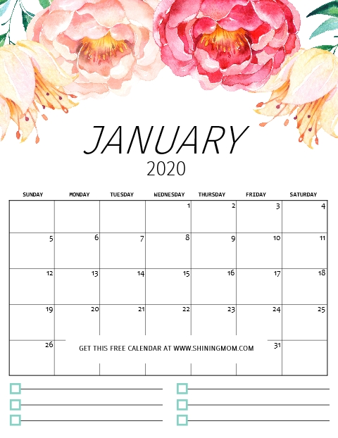 Free Printable Calendar 2020 In Pretty Florals With Notes