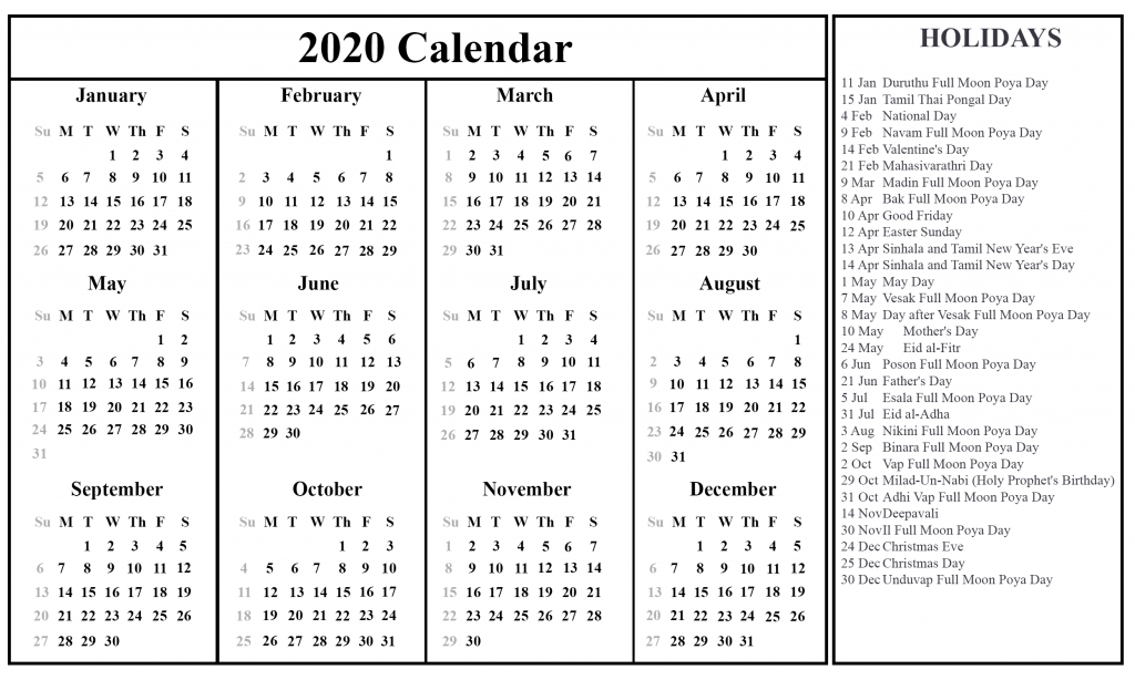 Free Printable Sri Lanka Calendar 2020 Pdf Excel Word Format