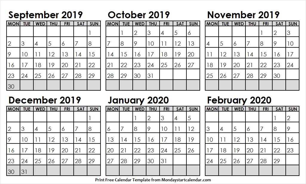 Free September 2019 February 2020 Calendar Print Template