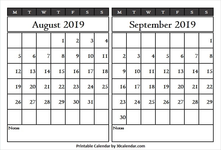 Fresh August To September 2019 Calendar Printable 2019 Templates