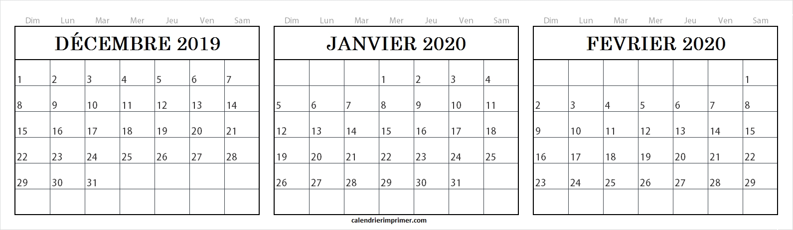 Imprimer Trois Mois Calendrier Dcembre 2019 Janvier Fevrier 2020