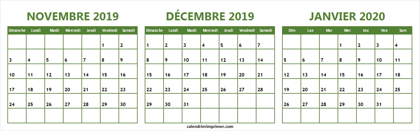 Imprimer Trois Mois Calendrier Novembre Dcembre 2019 Janvier 2020