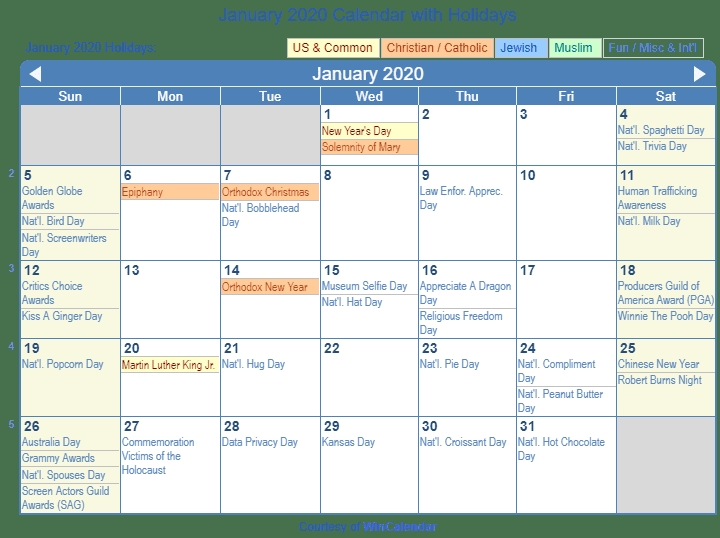 January 2020 Calendar With Holidays United States