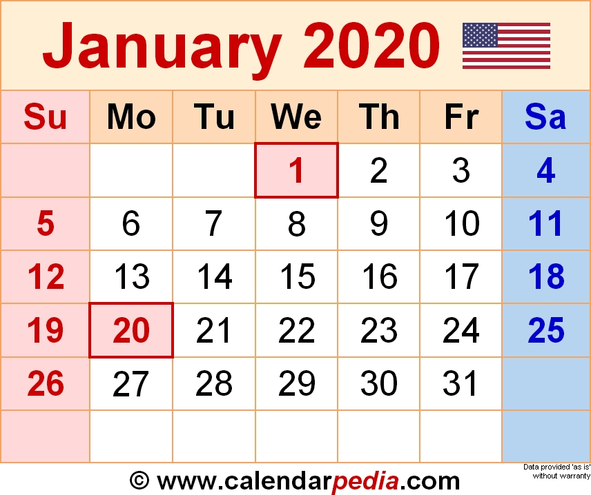 January 2020 Calendars For Word Excel Pdf