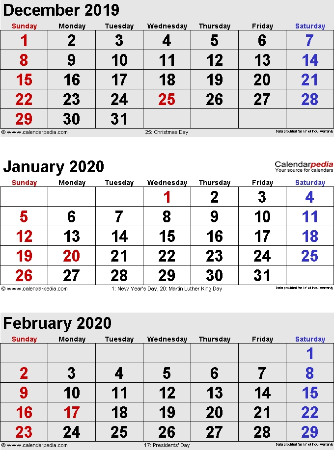 January 2020 Calendars For Word Excel Pdf