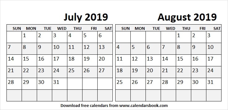 Jul Aug 2019 Calendar Template Two Month Calendar