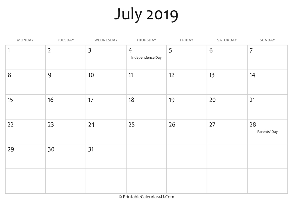 July 2019 Editable Calendar With Holidays