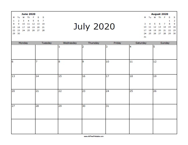 July 2020 Calendar Free Printable Allfreeprintable