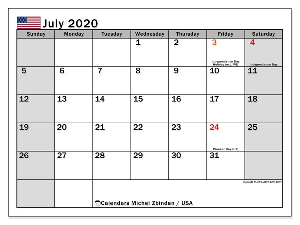 July 2020 Calendar Usa Michel Zbinden En