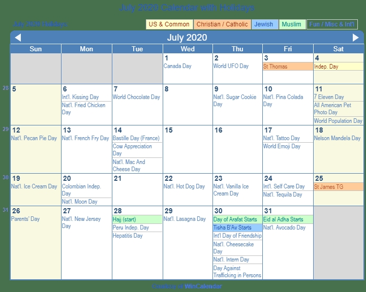 July 2020 Calendar With Holidays United States