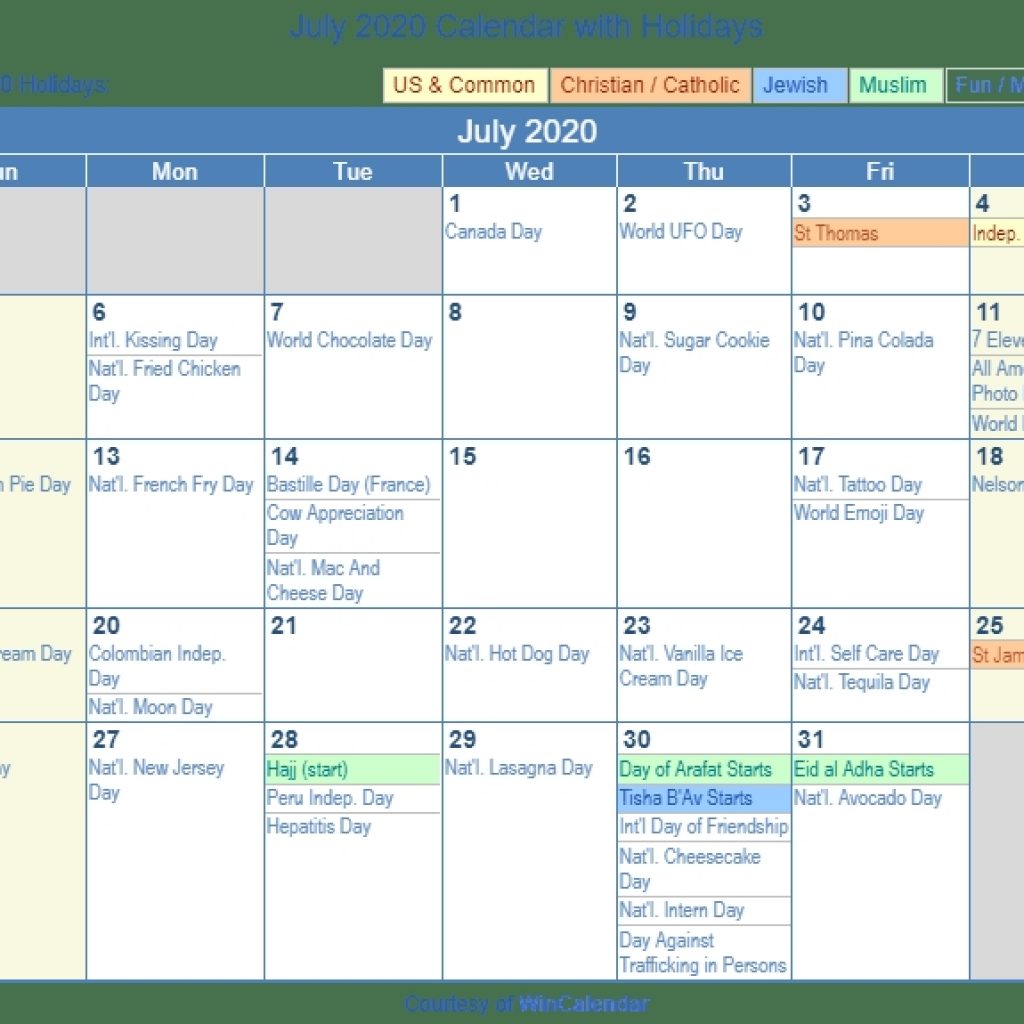 July 2020 Calendar With Holidays United States