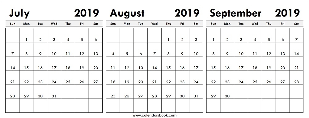 July August September 2019 Calendar Template 3 Month Printable