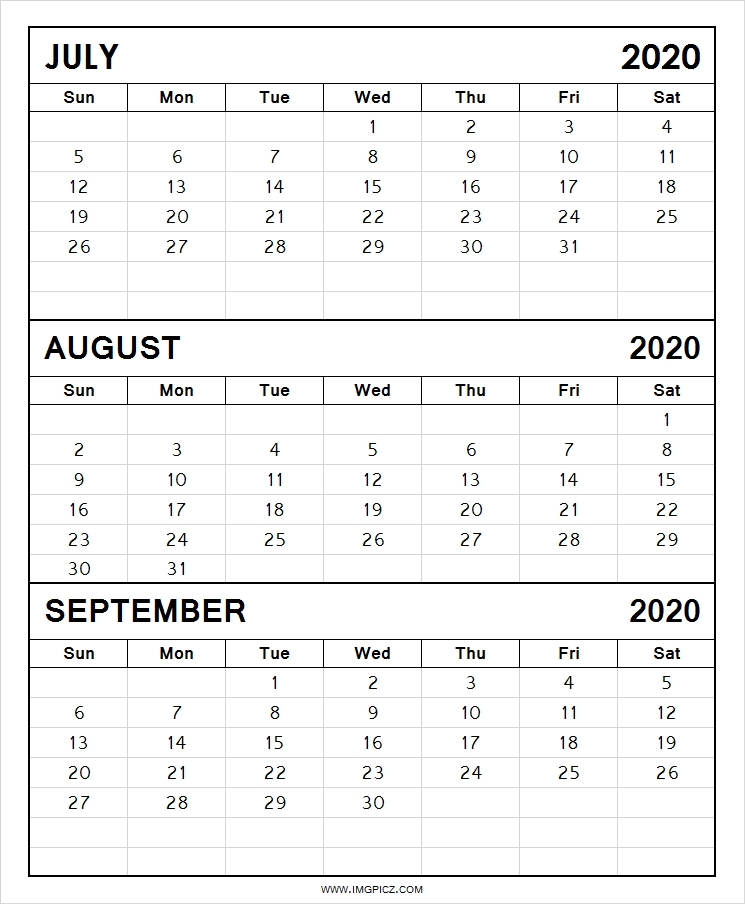 July August September 2020 Calendar Printable 3 Months 2020 Calendar