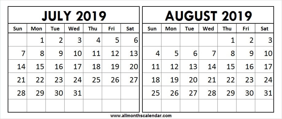 July To August 2019 Calendar Print Template 2019 Blank Calendar Free