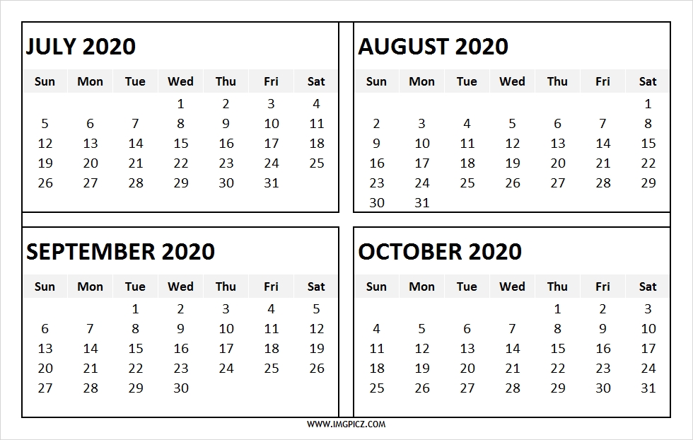 July To October 2020 Calendar Free Printable 4 Months 2020 Calendar