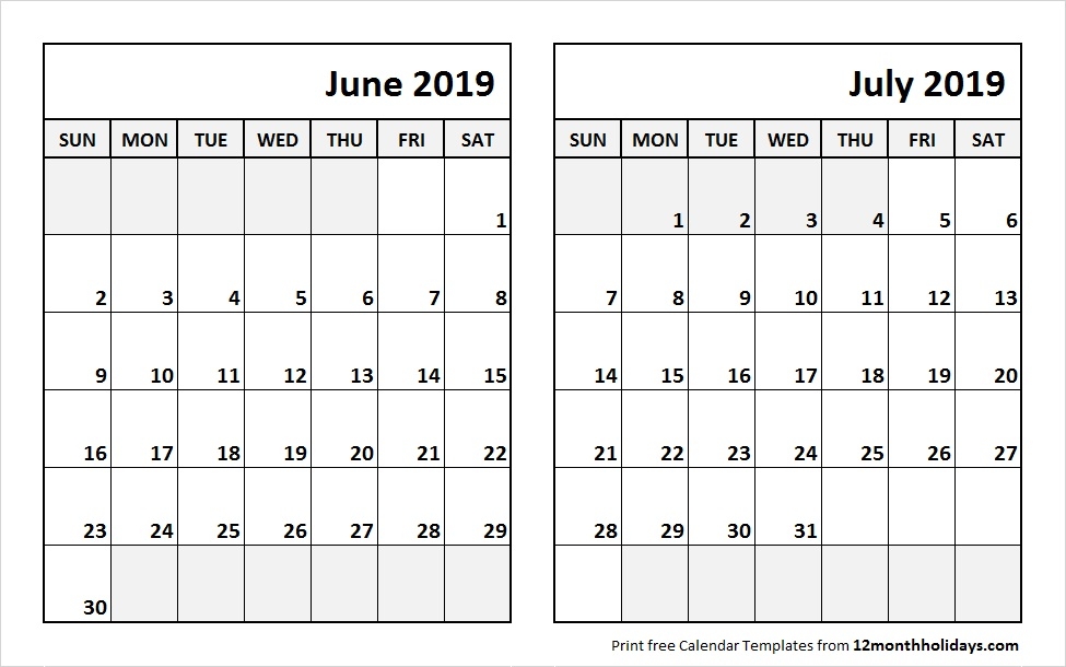 Jun Jul 2019 Calendar Template All 12 Month Calendar Printable